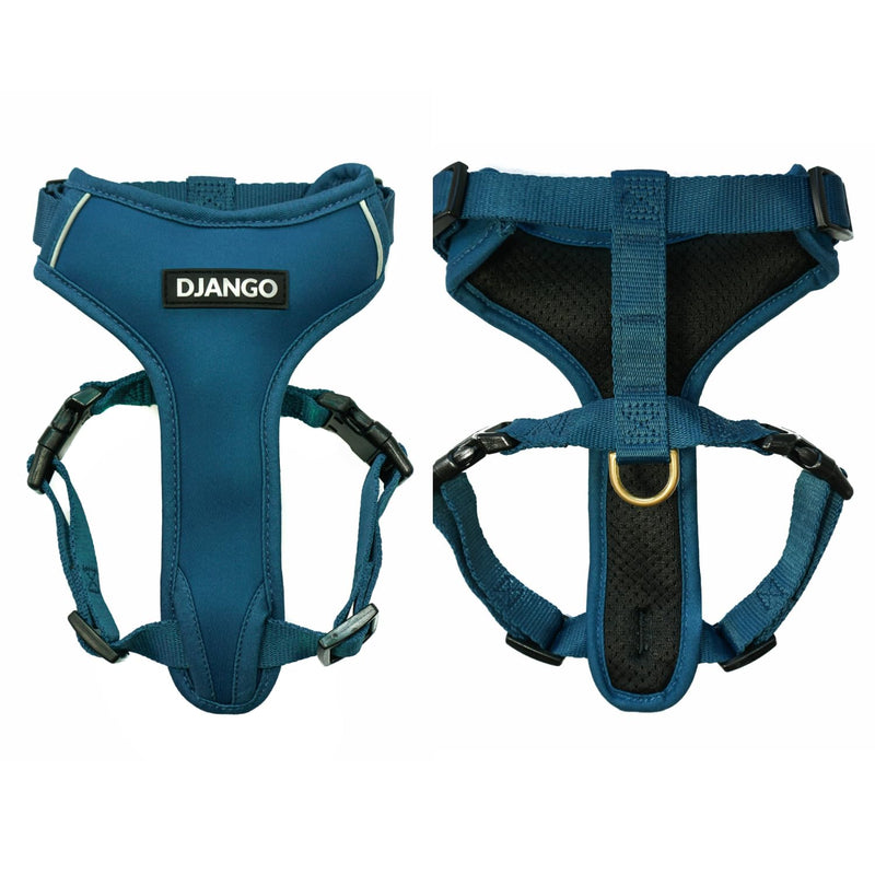 DJANGO Adventure Dog Harness – Comfortable, Durable, and Reflective Neoprene Dog Harness for Outdoor Adventures and Everyday Wear – Adjustable Design with Solid Brass Hardware (Small, Indigo Blue) S