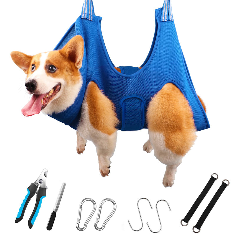 Dog Grooming Hammock Kit for Medium Dogs - Size: L, Hanging Cradle Sling for Nail Trimming Clipping, Blue LARGE for 45 LBS MAX