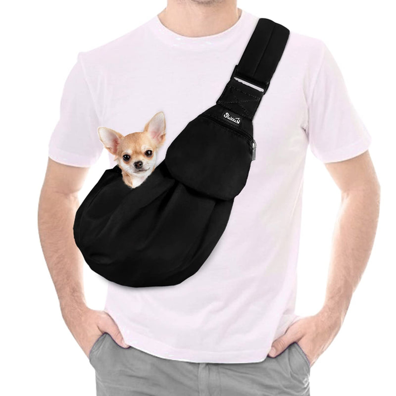 Lukovee Pet Sling, Hand Free Dog Sling Carrier Adjustable Padded Strap Tote Bag Breathable Cotton Shoulder Bag Front Pocket Safety Belt Carrying Small Dog Cat Puppy Machine Washable (Black, S) A1- Black Cotton Fabric For Pets 3~8lbs