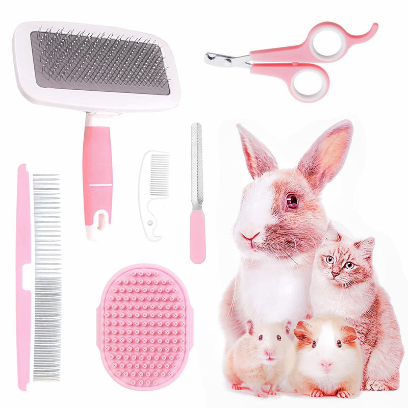 Small Animal Pet Grooming Kit Pet Shedding Slicker Brush, Bath Massage Glove, Pet Grooming Comb, Nail Clipper Trimmer Rabbit, Puppy, Kitten, Guinea Pig, Hamster, Ferret (Pink), 6 Pc Set - PawsPlanet Australia