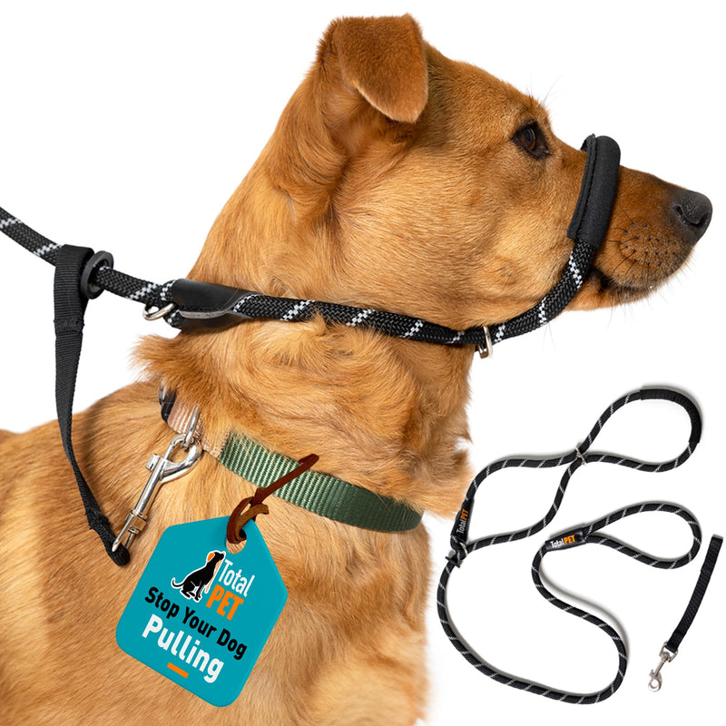 Total Pet Figure of 8 Dog Lead - Anti Pull Stop Dogs Pulling - Rope Slip Leads with Padded Nose Support (Black, Medium/Large) Black
