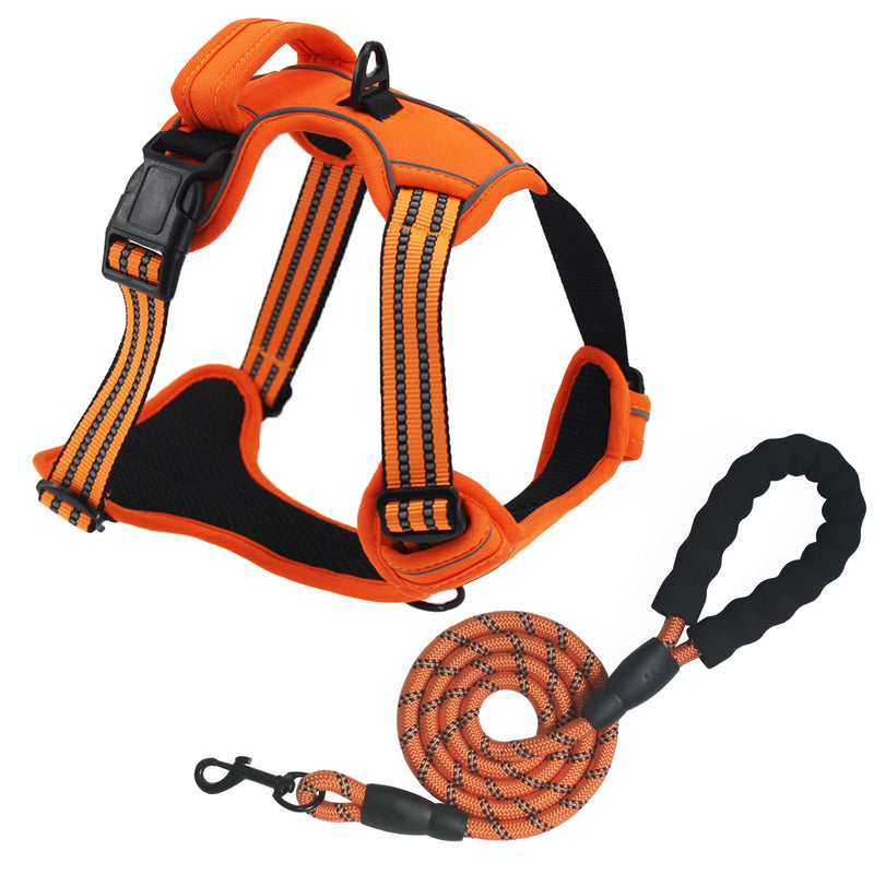 Dog Harness Medium No Pull for Large Dogs and Lead set Adjustable Reflective Pet Vest with Front clip Handle Padded dog harness best for outdoor Training and walking Orange L