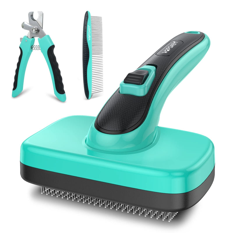 Cat Dog Brush, Self Cleaning Slicker Dog Brush,Pet Comb + Nail Clippers for Shedding & Grooming Any Breed of Pets,Shedding Long & Short Haired Cats & Dogs 3 PCS,Aqua green