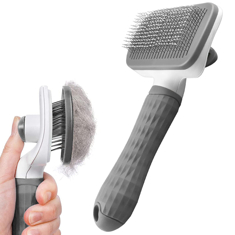 Dog Brush Cat Grooming Comb,Self Cleaning Pet Slicker Brushes with Smooth handle,Dog Grooming Tool with Button for Pet Shedding Brush Cat Massage Clean Tangled Grey - PawsPlanet Australia