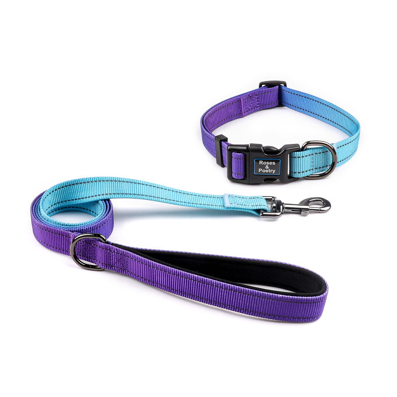 Roses&Poetry Reflective Dog Collar and Lead with Gradient Violet,Adjustable Durable Pet Collars Leash for Medium Large Dogs （Violet-L) Purple L - PawsPlanet Australia