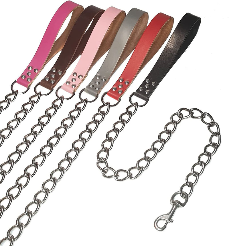 Heavy Duty Chain Lead Chew Proof Leash Non Rust Metal with Leather Handle for Large and Extra Large Dog up to 80kg (Grey) Grey