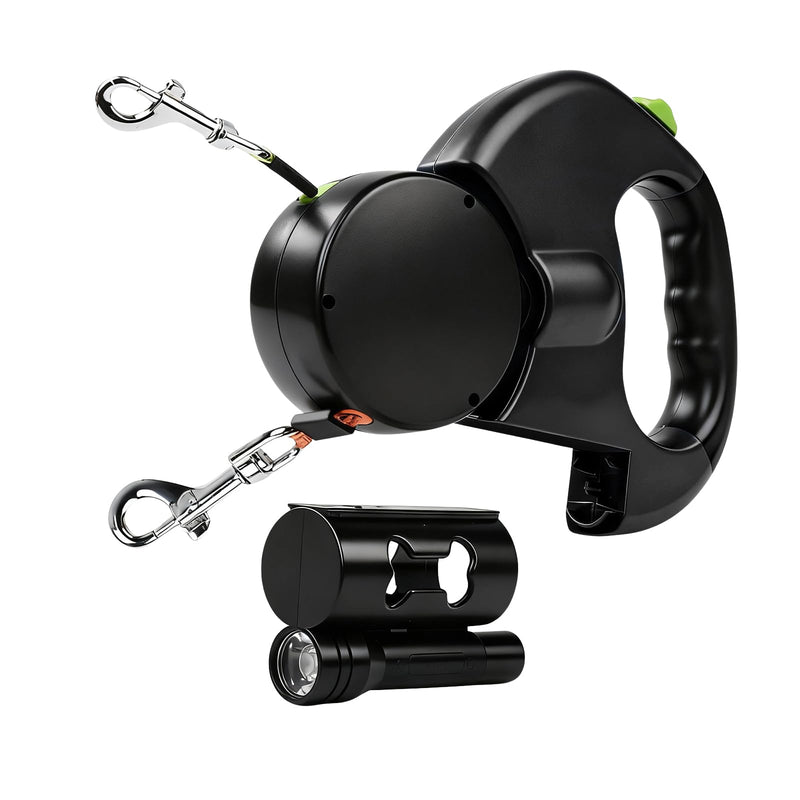 Retractable Double Dog Leash, Automatic Leash 1 Tow 2 with Flashlight and Bag Dispenser