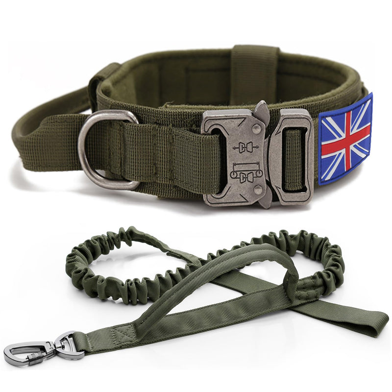 K9 Military Dog Collar and Lead Set - Adjustable Nylon Collar with Heavy Duty Metal Buckle for Medium Large Dogs XL, Green with UK United Kingdom Flag ArmyGreen set