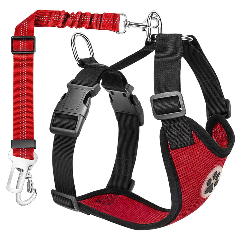 Nasjac Dog Car Harness with Seat Belts, Safety Adjustable Dog Seat Belts for Cars with Clip and Buckle, Breathable Mesh Pet Vest Harness Seatbelts with Secure Elastic Buffer for Travel Red S - PawsPlanet Australia
