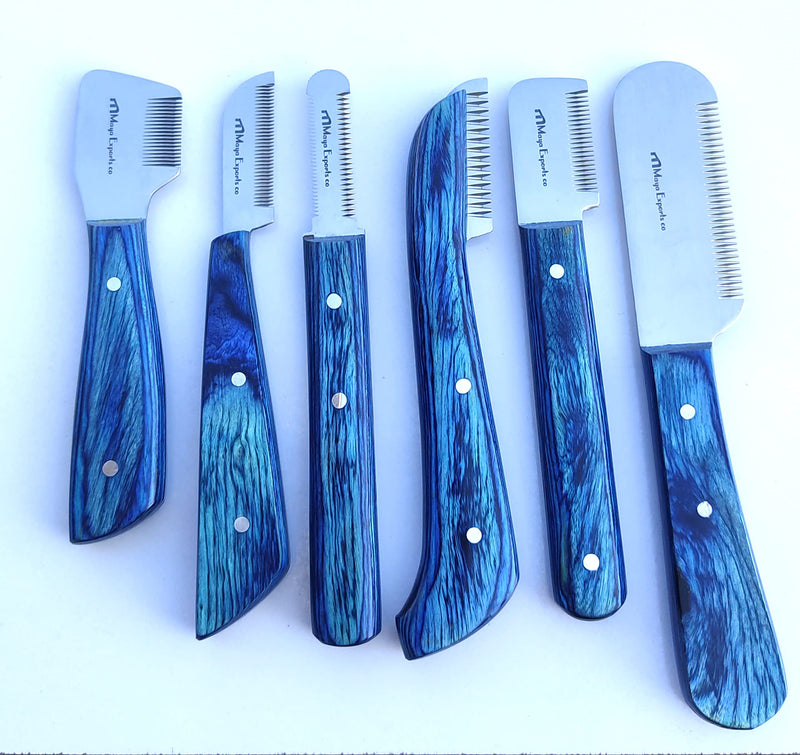 Dog Grooming Coat Stripping Knife Stripper Trimmer Tool Wooded Handle tripping Knives Set of 6 for pets in Stainless Steel (Blue) Blue - PawsPlanet Australia