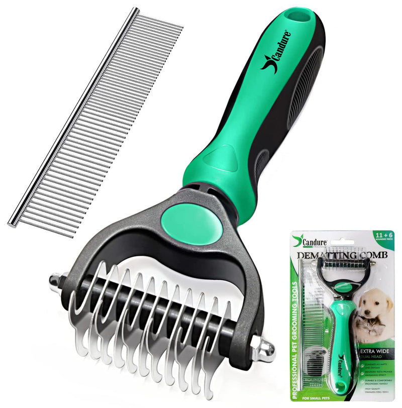Candure Dematting Comb for Dog and Cat, Pet Grooming Rake and Brushes for Small & Medium Dogs 11+6 Double Sided Blade Deshedding Tool Removes Knots, Undercoat, Mats and Tangled Hair (Green) Green - PawsPlanet Australia