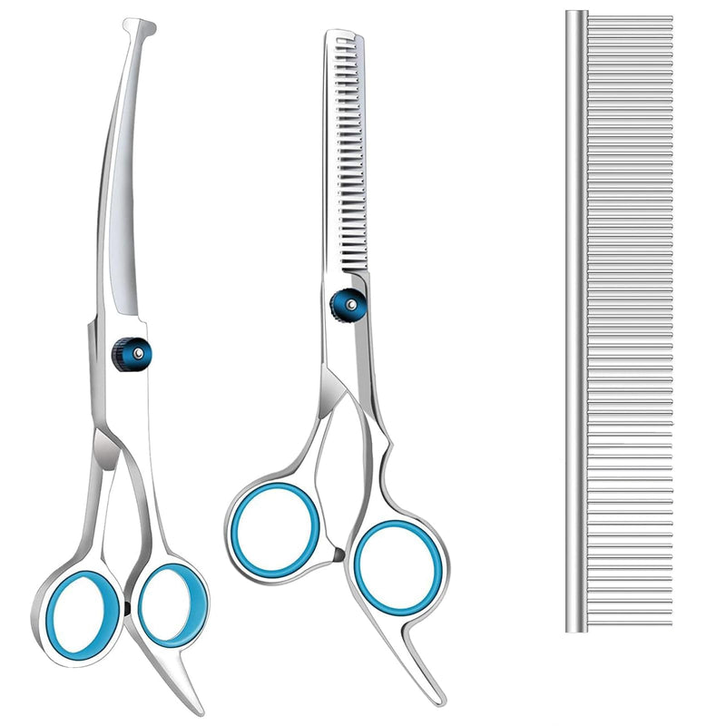 Dog Grooming Scissors with Safety Round Tips, Heavy Duty Titanium Pet Grooming Trimmer Kit, Professional Thinning Shears, Straight Scissors with Comb for Dogs and Cats (Set of 3) Silver Set of 3 - PawsPlanet Australia