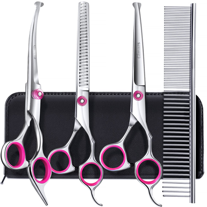 Gimars Dog Grooming Scissors Kit Professional 4CR with Safety Round Tip, 5 in 1 Heavy Duty Titanium Coated Thinning & Curved & Straight Shears Pink [5-in-1]