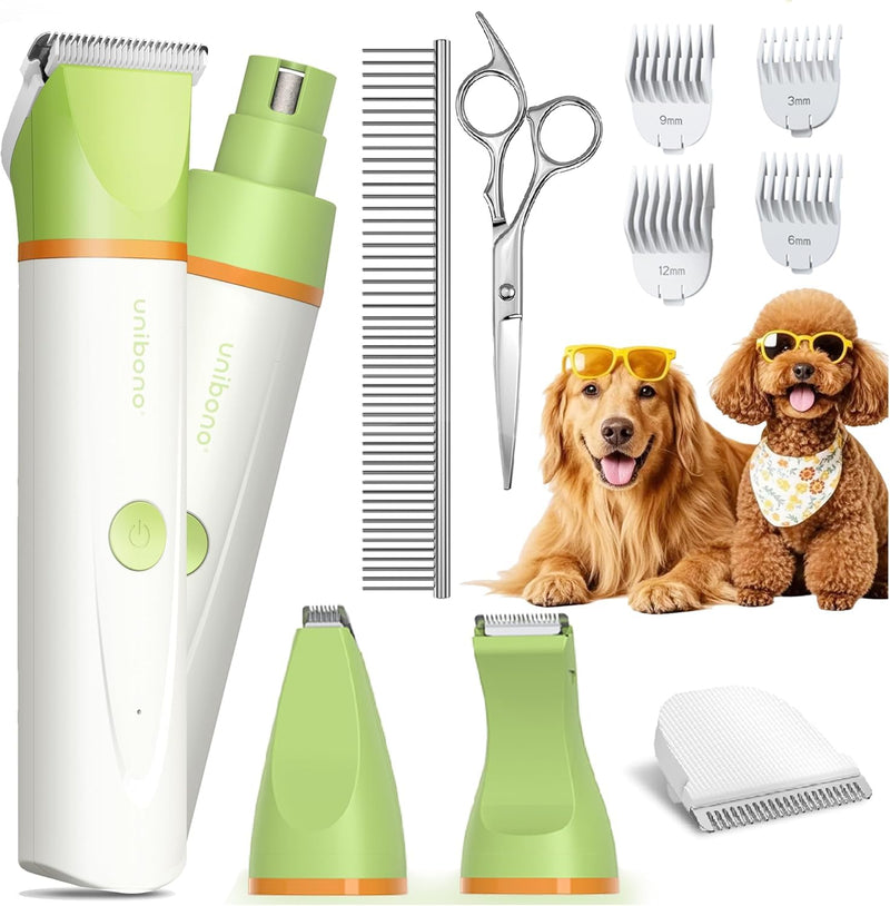 Unibono Dog Grooming Clipper Kit, Quiet Cordless Pet Clipper for Dogs & Cats, Silent Dog Cat Shaver for Paws, Claws, Eyes, Ears, Face with Grooming Scissors Comb, Green - PawsPlanet Australia