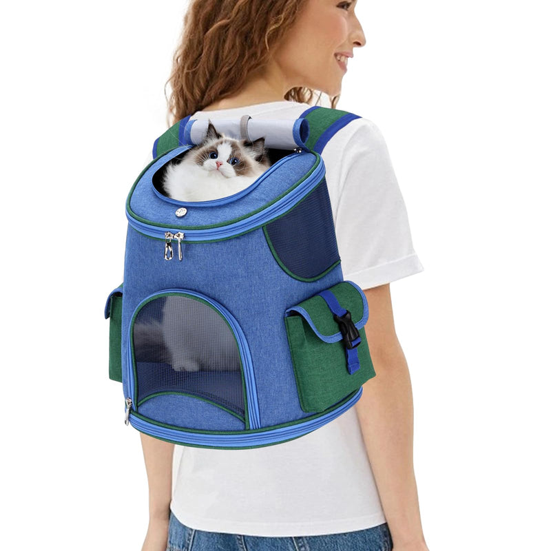 PETCUTE Cat Carrier Backpack for Cats and Small Dogs,Foldable Breathable Pet Carrier Backpack with Inner Safety Strap, Removable Mat,Dog Backpack Carrier with Side Pockets for Travel Camping Hiking M Dark Blue+Green - PawsPlanet Australia