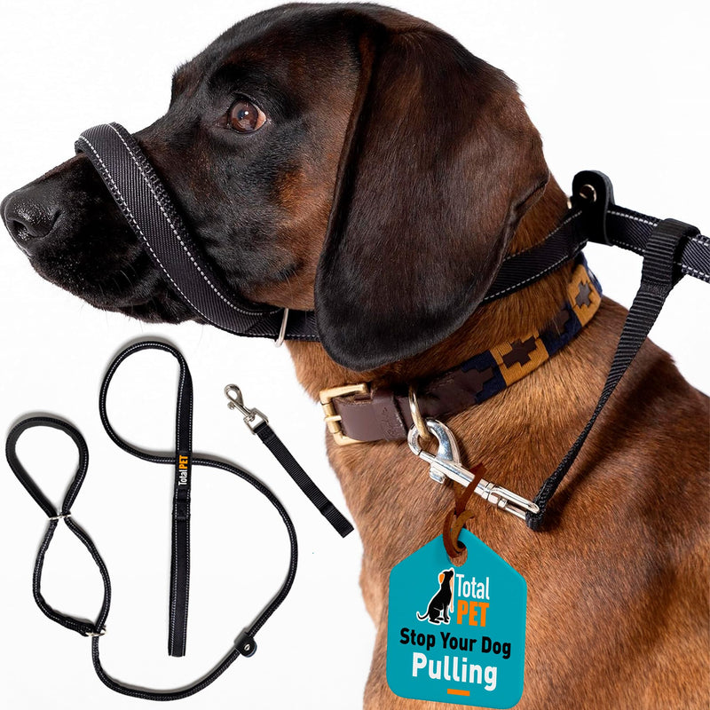 Total Pet Figure of 8 Dog Lead - Flat Anti Pull Stop Dogs Pulling – Slip Leads Reflective with Padded Nose Support (180cm) Black 180cm