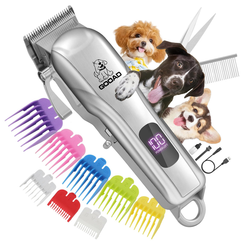 Dog Clippers for Grooming, Cordless,Low Noise, Electric Quiet,Rechargeable, Pet Hair Clippers for Thick Coats, Dog Trimmer Grooming Kit, Shaver for Small and Large Dogs Cats,Silver Silvery - PawsPlanet Australia