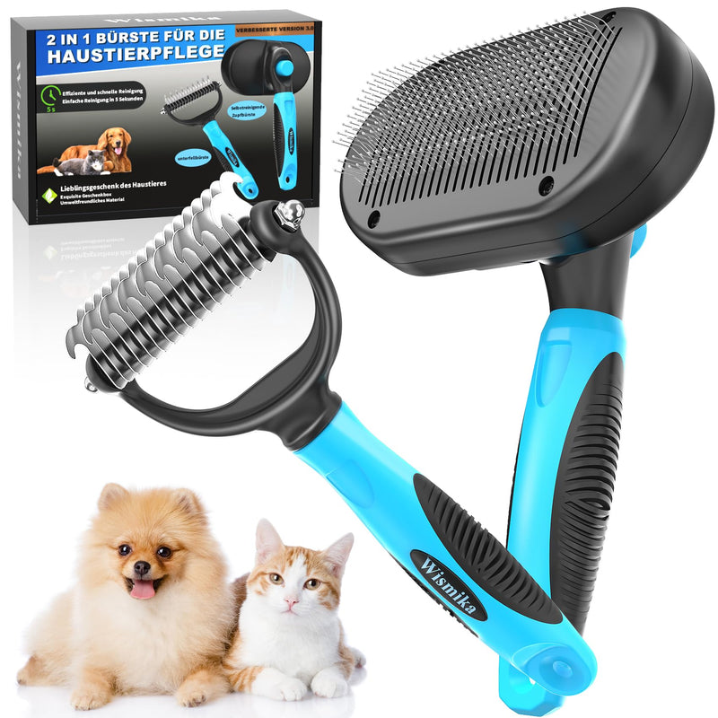 Dog Brush, Cat Brush, 2-in-1 Brush for Pet Care, Pet Hair Brush, Undercoat Brush for Dogs and Cats, Dog Comb, Fur Brush for Long Hair and Short Hair, Self-Cleaning Pet Brush (Blue) - PawsPlanet Australia