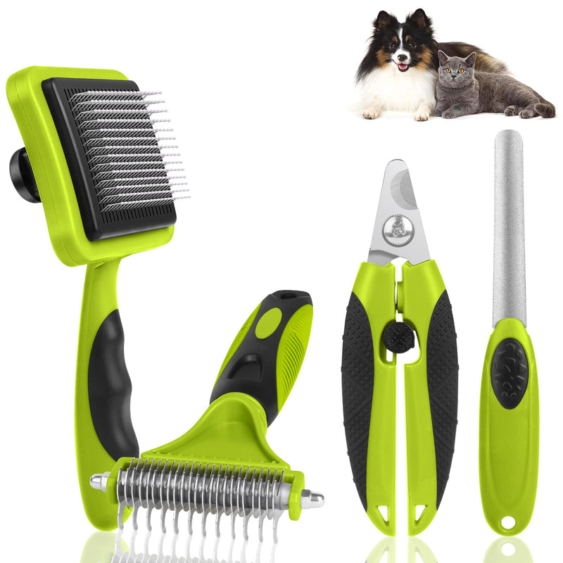 Grooming Dematting Comb Tool Kit 4 Pack Self Cleaning Dog Brush Cat Brush Grooming Comb Kit, Cat Dog Nail Clippers with Nail File Professional Pet Hair Removal Goomings, Massage, Cleaning, Green