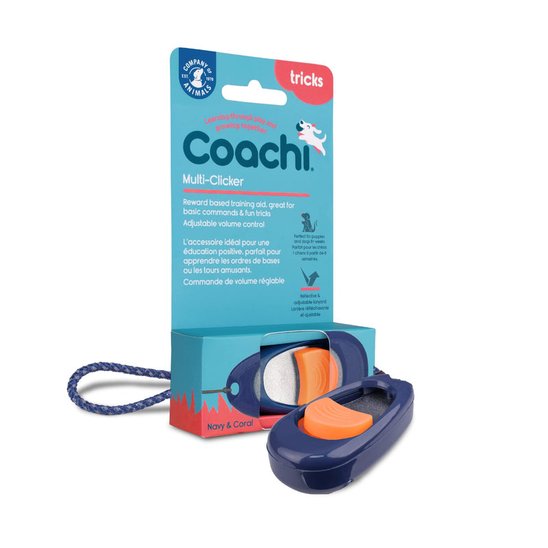Coachi Multi-Clicker, Dog Accessory, Volume Control with 3 settings, Easy to Click, Adjustable Wrist Strap, Dog Clicker, For Dog Training, Including Sensitive Dogs and Puppies Newer Model Navy/Coral - PawsPlanet Australia