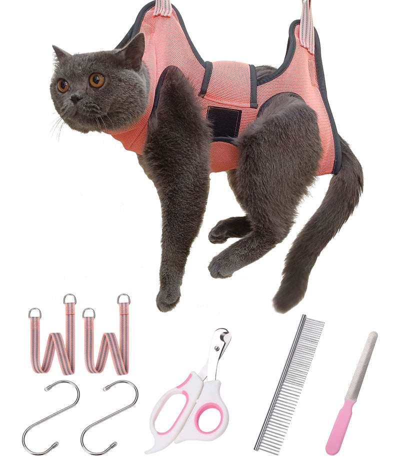 Kkiimatt Cat Dog Grooming Hammock Harness, XS Pet for Puppy Small Dogs/Cats, Nail Trimming with Clippers Sling Wide Strap Sewed on Restraint Bag, Pink Orange - PawsPlanet Australia