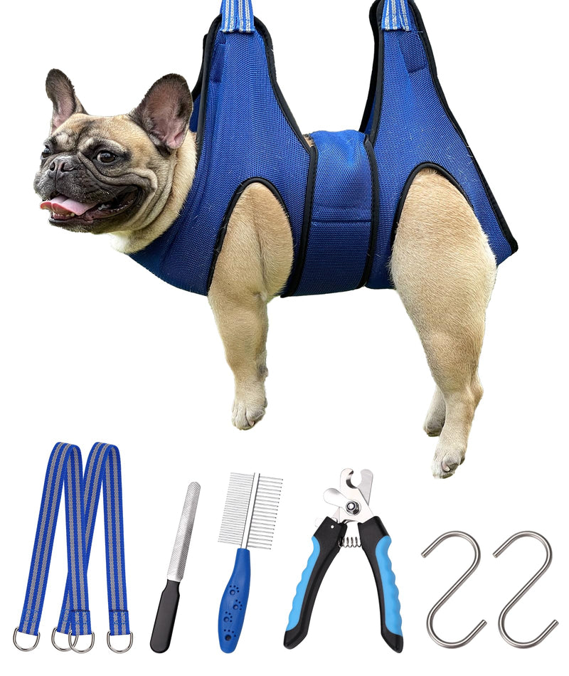 Kkiimatt Dog Grooming Hammock,Pet Hammock Harness for Medium Dogs/Giant Cats, Nail Trimming with Clippers/File, Sling Wide Strap Sewed on Pet Restraint Bag, Blue Medium 40 LB Max/Blue M