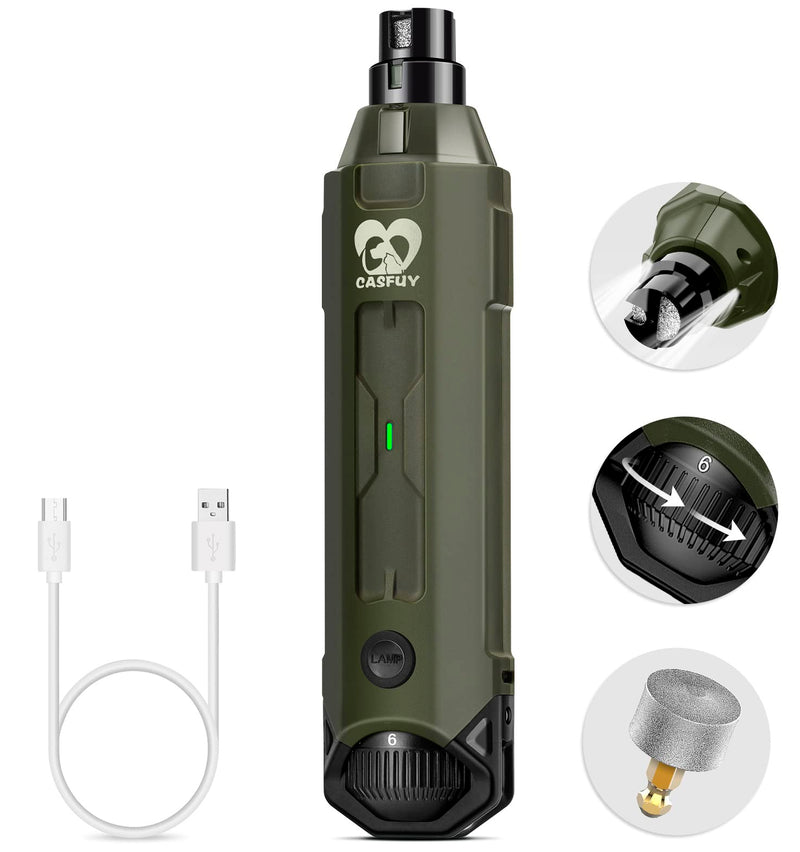 Casfuy 6-Speed Dog Nail Grinder - Newest Enhanced Pet Nail Grinder Super Quiet Rechargeable Electric Dog Nail Trimmer Painless Paws Grooming & Smoothing Tool for Large Medium Small Dogs ArmyGreen - PawsPlanet Australia