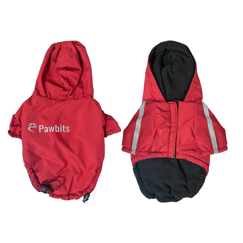 Pawbits Winter Jacket for Small Dogs - Fleece-Lined, Water Resistant, Reflective Coat with Hood for Dogs - Adjustable S, M, L, XL, XXL - Designed for Small Dogs X-Large Red - PawsPlanet Australia