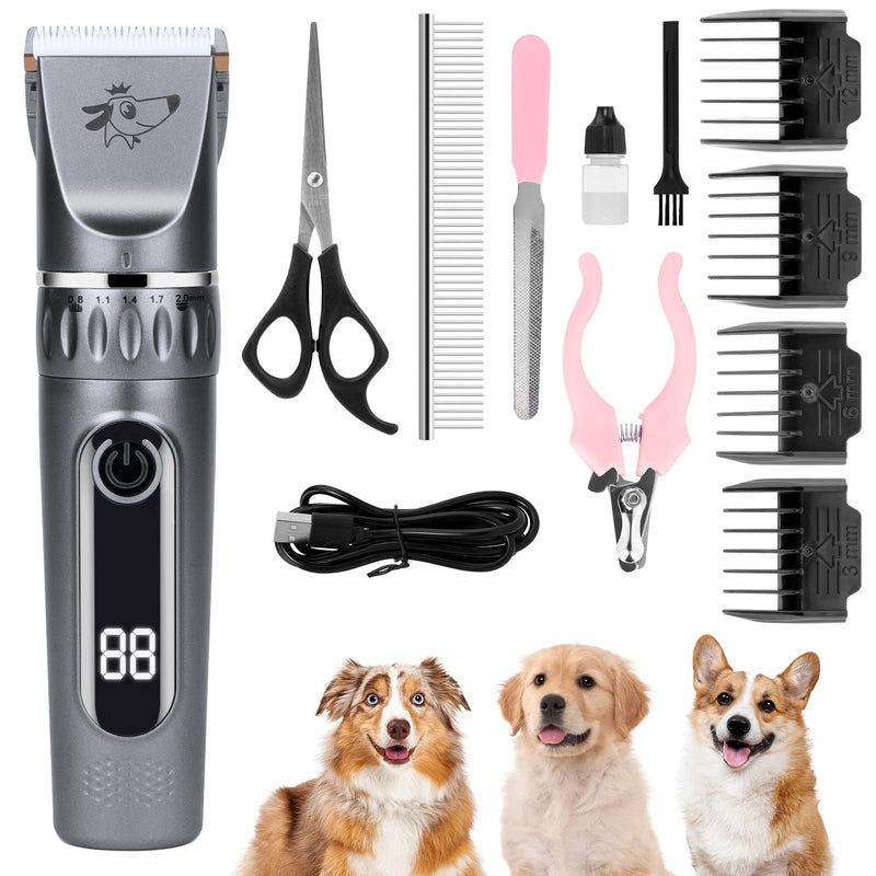 Dog Clippers, Professional Dog Grooming Clippers Kit, Low Noise Rechargeable Cordless Dogs Grooming Clipper, Electric Pet Clipper Hair Trimmer for Dogs, Cats and Other Animals, Silver