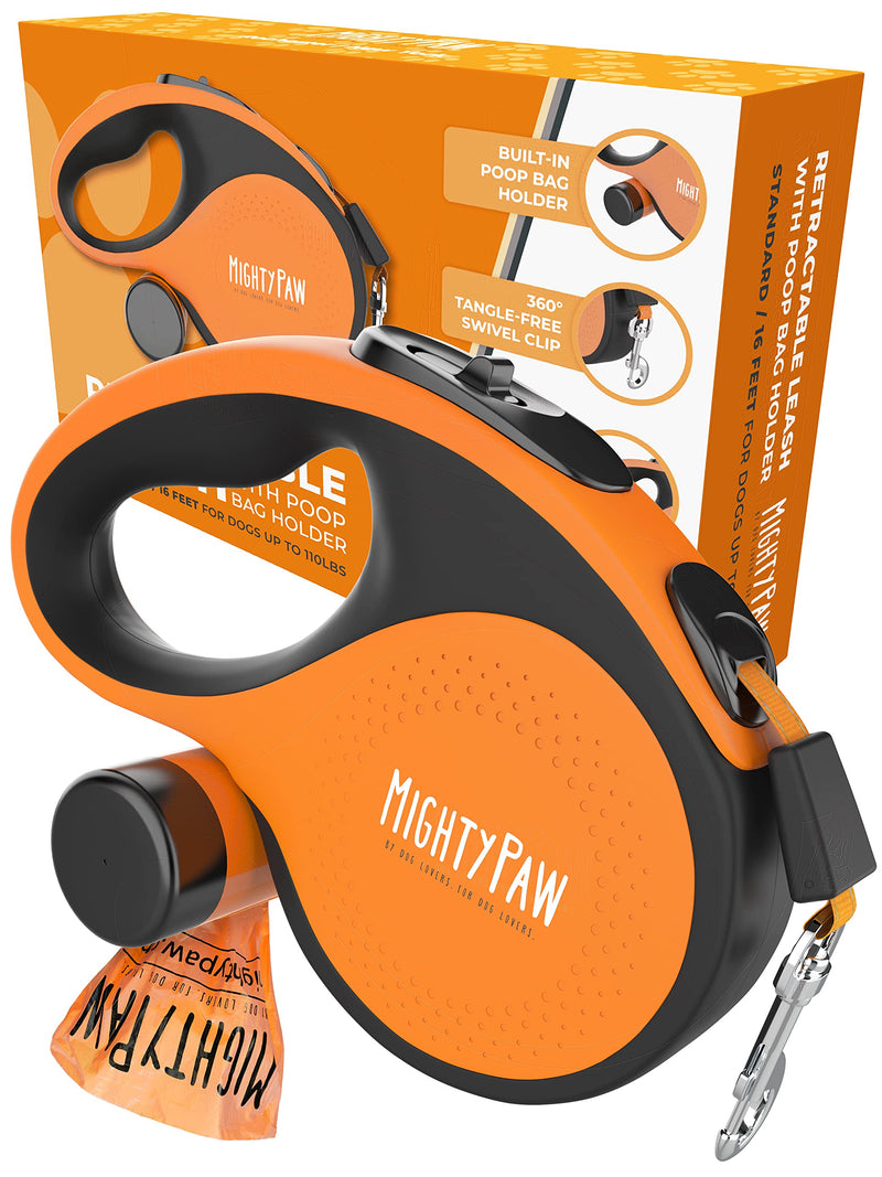 Mighty Paw Retractable Leash with Built-in Poop Bag Holder | 16' Long Retractable Dog Leash for Small Dogs, Medium Breeds & Large Pets with Tape for Quick Control. Poop Bags Included Orange Lite | 0 - 23 kg - PawsPlanet Australia