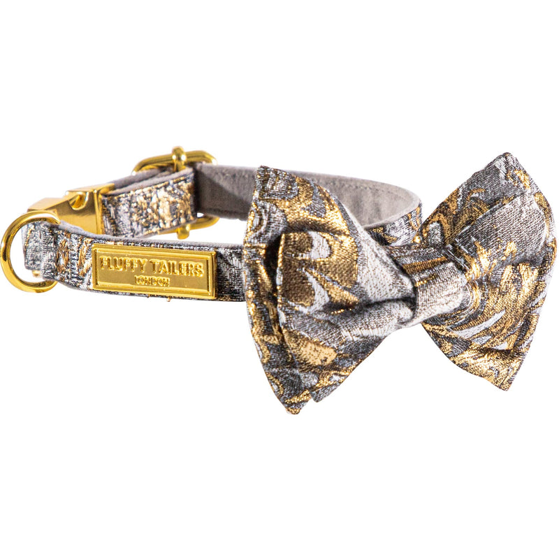 Luxury Occasion Dog Collar With Detachable Bow Tie in Grey Gold Silk (Extra Small) Extra Small