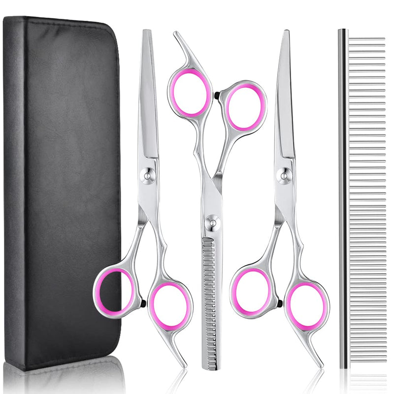 Dog Grooming Scissors, 5 Pcs Stainless Steel Pet Trimmer Kit, Fashion Hair Cutting Grooming Tool for Dogs and Cats - with 6-inch Cutting Scissors, Thinning Shear, Curved Scissors, Grooming Comb Pink 4 in 1