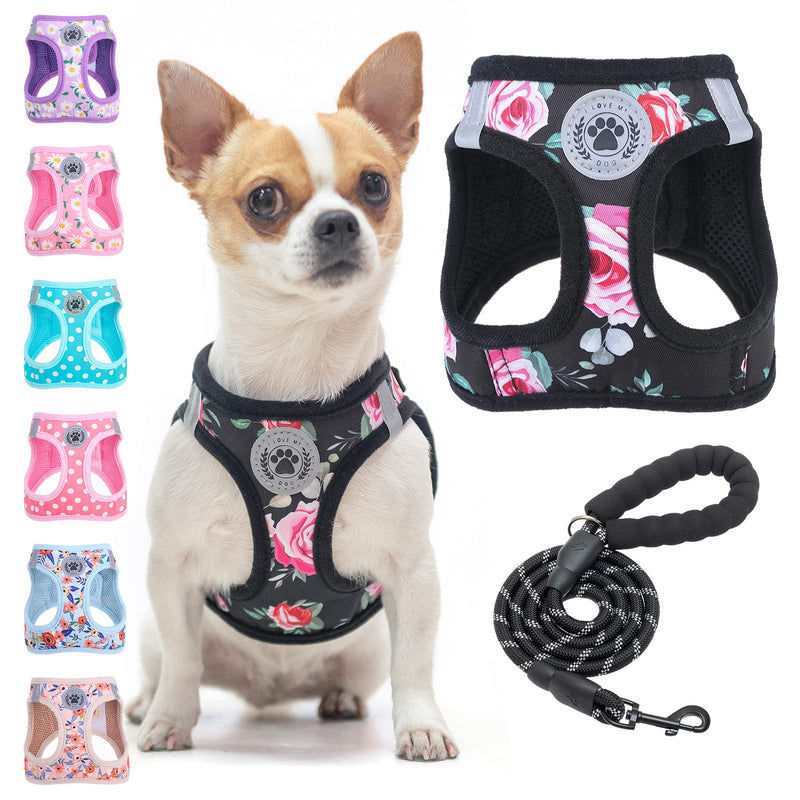 BEAUTYZOO Step in Dog Harness and Leash Set, Floral Pattern Reflective Dog Harness No Pull No Choke Puppy Harness XXS XS S Dogs Cats, Soft Padded Mesh Vest Harnesses Girl and Boy Pets, Black Rose XSmall(Chest Girth 13" - 14.5") - PawsPlanet Australia