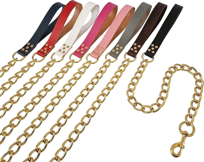 Heavy Duty Dog Chain Lead Chew Proof Leash GOLD Metal with Leather Handle for Large and Extra Large Dog up to 80kg (Baby Pink) Baby Pink