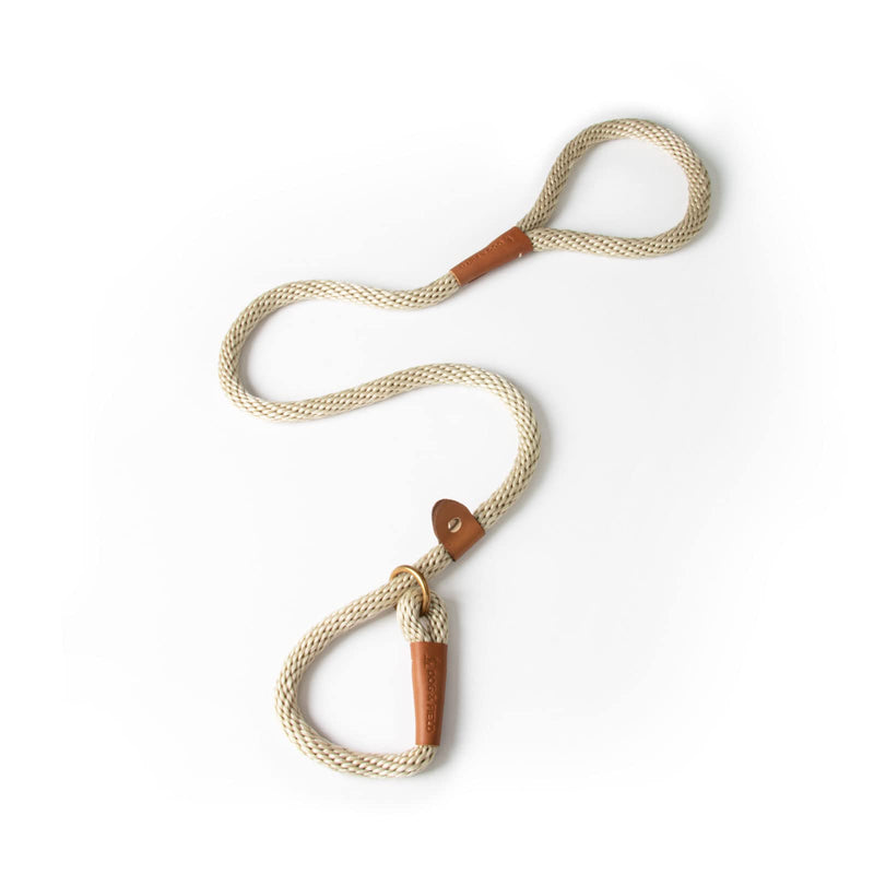 Dog & Field Lux Woven Slip Lead - Ivory. 1.2m Soft Braided Rope Dog Training Lead With Brass Fittings & Leather Bindings. No Collar Or Harness Needed, One Size
