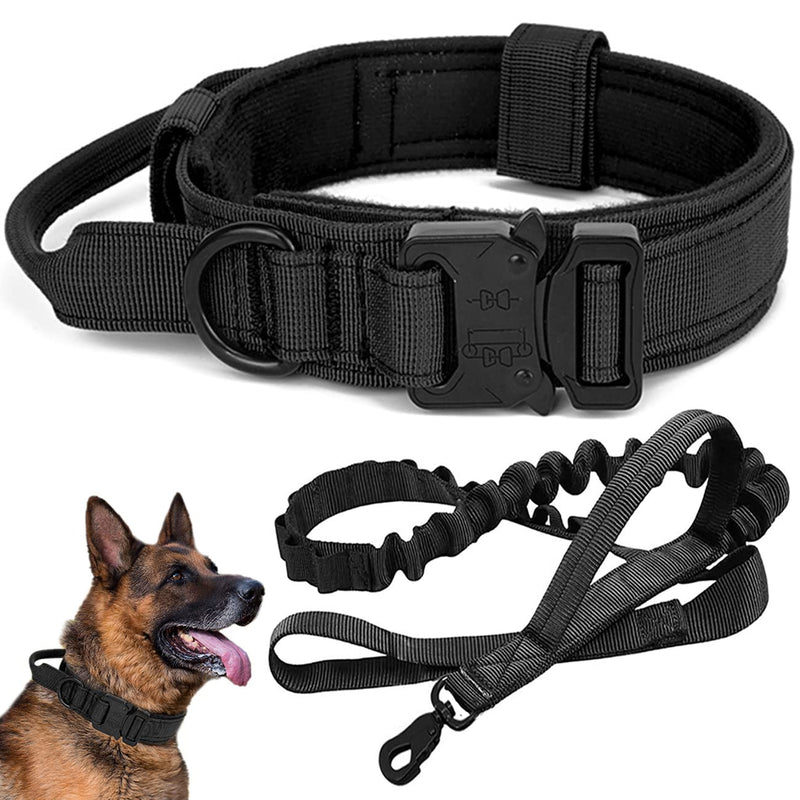 Tactical Dog Collar with Bungee Dog Leads Leash Adjustable Dog Collar with Control Handle and Heavy Metal Buckle Military Nylon Collar for Medium and Large Dogs (XL, P3-BLACK) XL - PawsPlanet Australia