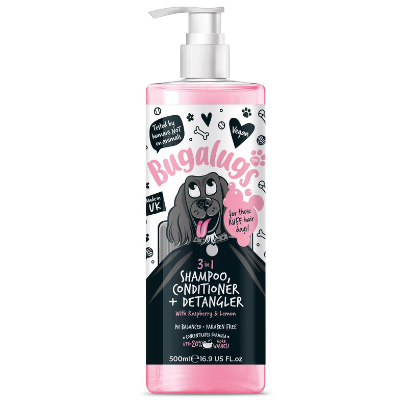 BUGALUGS 3-in-1 Dog Shampoo, Conditioner & Detangler – Raspberry & Lemon Scented Grooming for Smelly Dogs, Puppy Coat Care, Pet Accessories (500ml) (BSDTCDE500) Shampoo 500ml
