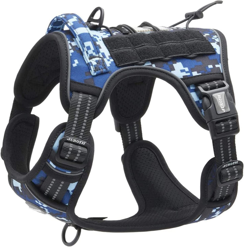Auroth Tactical Anti Pull Dog Harness, Adjustable, Breathable, Reflective, Military Materials, Size S, Blue Camo S(Neck: 36-53cm, Chest:51-79cm)