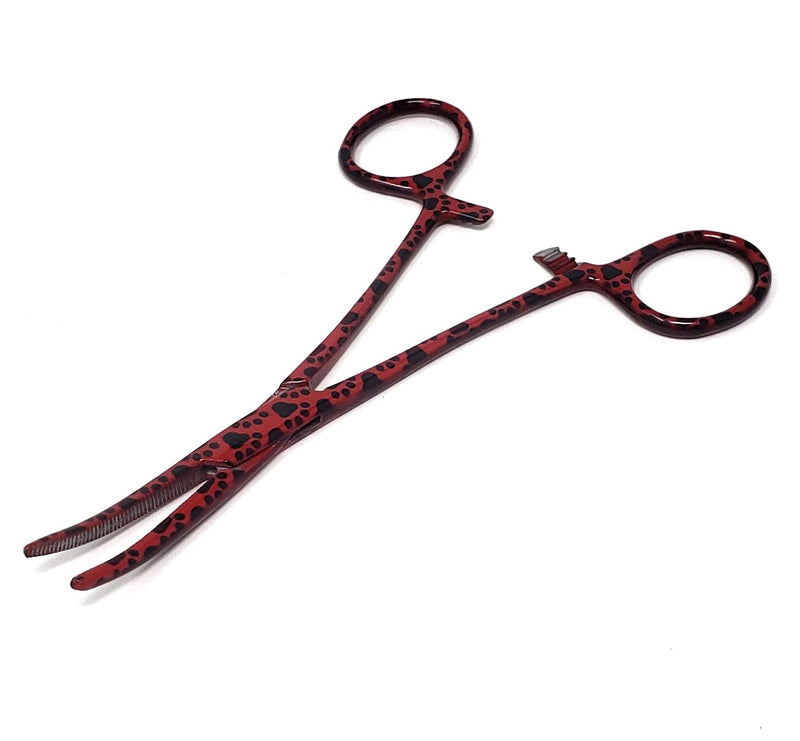 Dog Pet Ear/Nose Hair Puller Grooming Hemostat Locking Forceps Curved Pliers, 5.5" (14cm) Full Serrated Clamps Stainless Steel (Red Paws) - PawsPlanet Australia