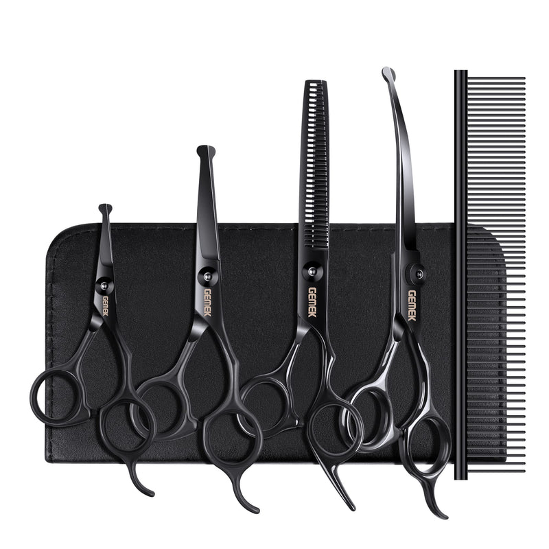 Dog Grooming Scissors Kit with Safety Round Tips, GEMEK Professional 6 in 1 for Dogs, Heavy Duty Titanium Coated Pet Scissor Cats and Other Animals (Black) (GD0051) Black 6 in 1 - PawsPlanet Australia