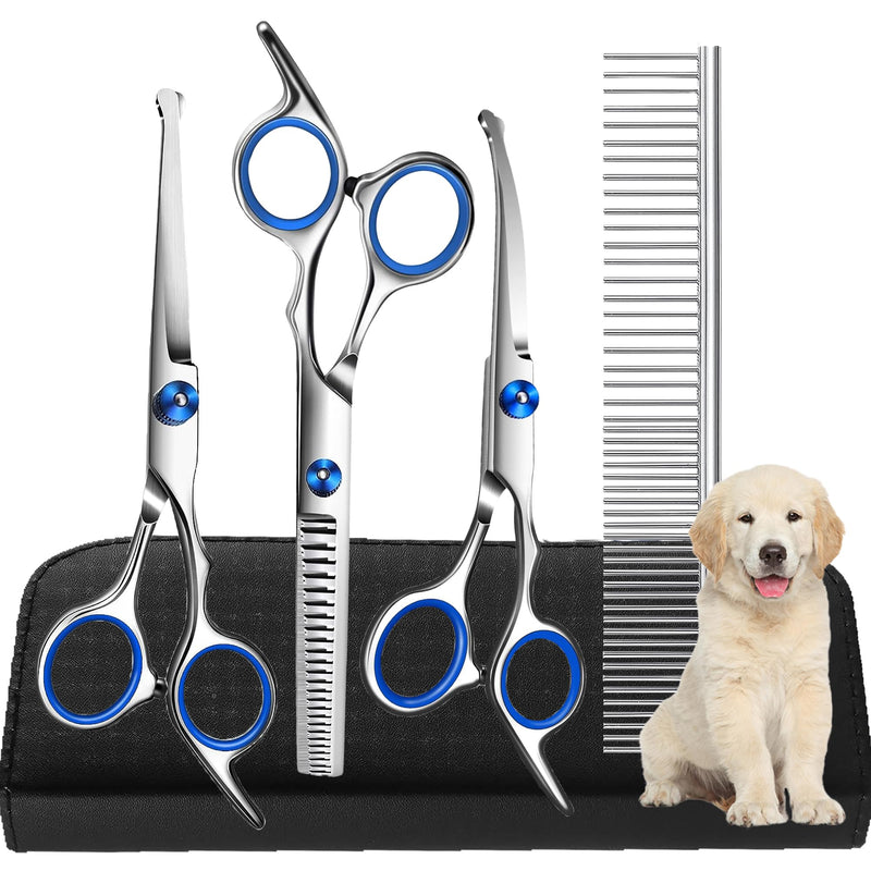 Dog Scissors, 6.7 Inch Stainless Steel Dog Grooming Scissor Kit with Safety Round Tips, Pets Grooming Shears with Thinning Shears & Curved Scissors for Pet Hair Fur Care