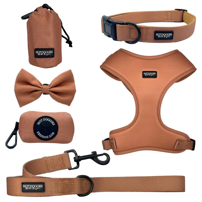 Hot Doggies Dog Walking Bundle Set. 6 COLOURS AVAILABLE. INCLUDES Harness, Lead, Collar, Treat Bag, Poo Bag Holder, Bow Tie (Large, Biscotti Beige) Large