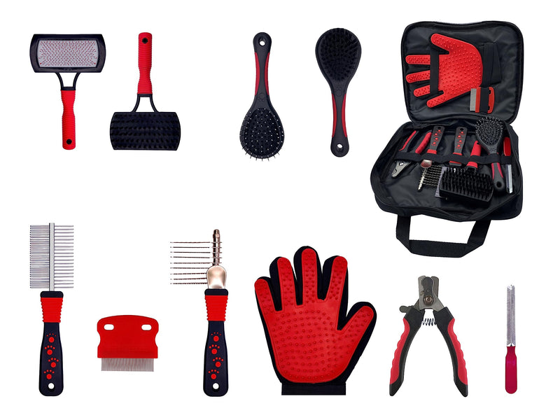 Masterclip Essentials Pet Grooming Set for Dogs Cats - Contains 8 Everyday Grooming Accessories; Dematting Comb, Nail Clippers, Nail Claw File, Double Sided Brushes & Comb, Grooming Glove & Flea Comb