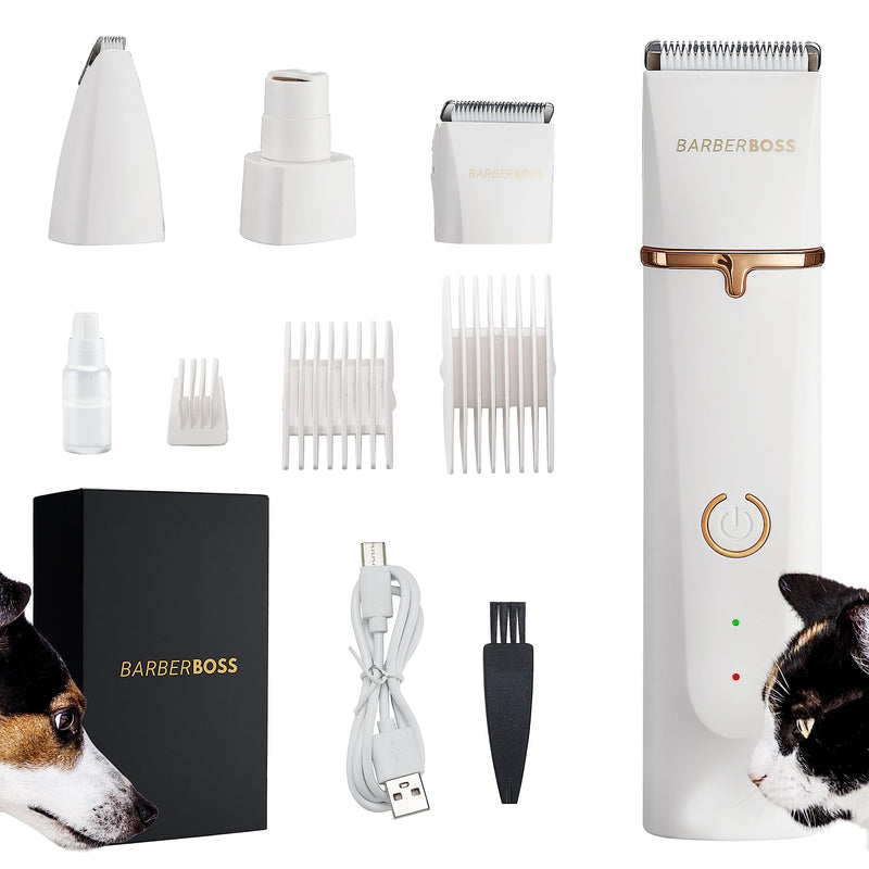 BarberBoss Cordless Dog Clipper - Grooming Kit for Smaller Pets with Sleek Design, Trimmer, Grinder & Small Heads, 3 Comb Attachments, Adjustable Lengths & Red/Green Light Indicators, QR-9091 - PawsPlanet Australia