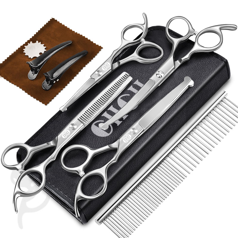 CIICII Dog Grooming Scissors Kit, 7 Inch Professional Pet Grooming Scissors Set with Safety Round Tip (Dogs/Cat Hair Cutting Trimming Thinning Shears with Curved Scissors) for DIY Home Salon (Silver) Silver Dog Grooming Scissors - PawsPlanet Australia