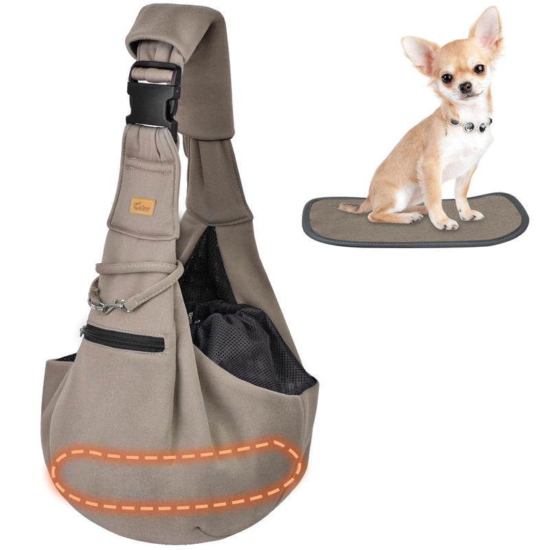 CUBY Puppy Carrier, Adjustable Reversible Cat Dog Sling Carrier for Small Medium Dogs Hands-free Puppy Sling Protect Shoulder Strap with Safety Belt Zipper Pocket Bottom Mat Khaki - PawsPlanet Australia