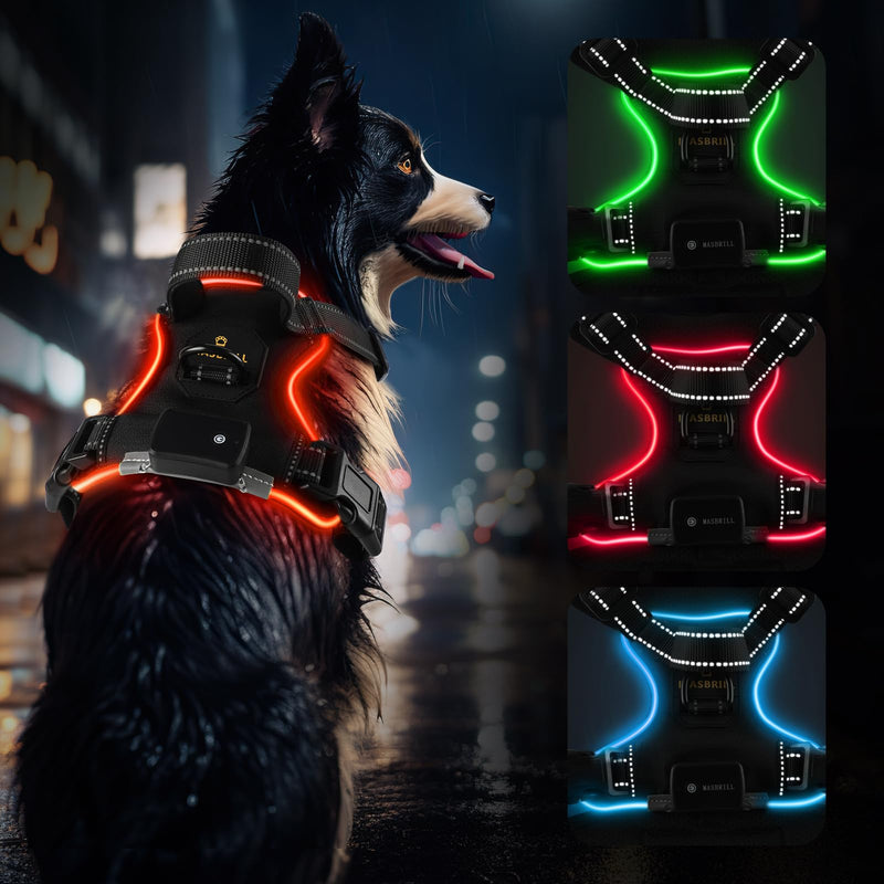 MASBRILL Light Up Dog Vest Harness, LED Dog Harness with Rechargeable Battery, Adjustable & Reflective with Handle & 2 Lead Clips, Soft Padded for Small, Medium, Large Dogs (Red L) Black-Red