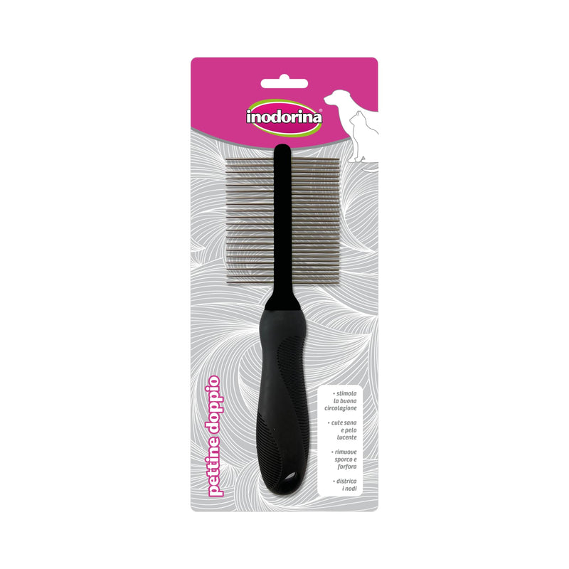 Inodorina Double Dog Comb - Wide and narrow teeth to remove knots and excess hair - Ideal for polishing and untangling knots safely and painlessly - PawsPlanet Australia