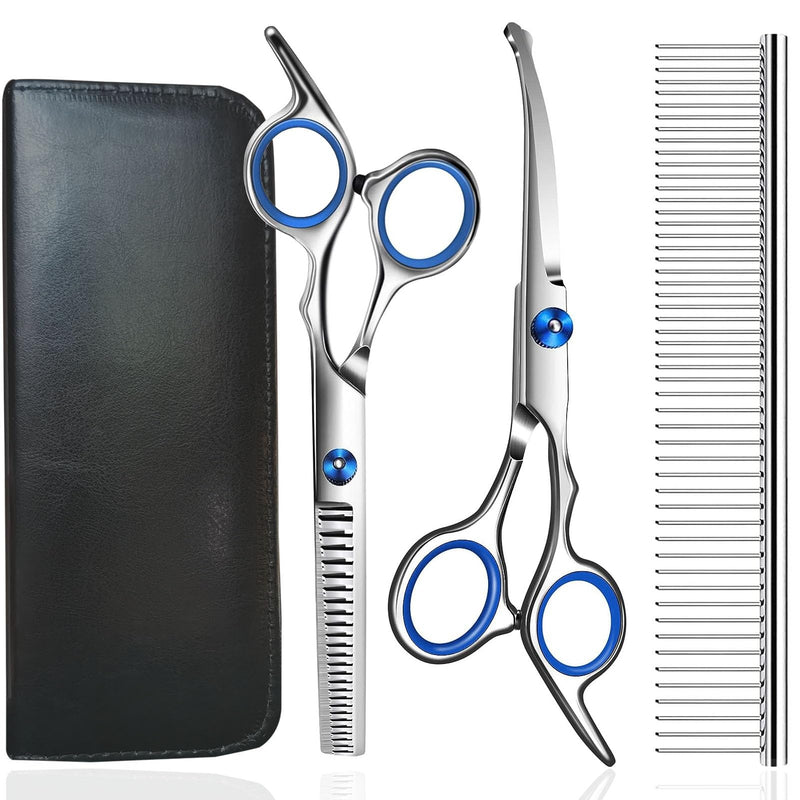 Dog Grooming Scissors, 4-in-1 Dog Grooming Kit with Safety Round Tip, Professional Grooming Shears Set Hair Cutting Trimming Scissors with Steel Comb & Leather Pouch for Dogs Cats Pets - PawsPlanet Australia