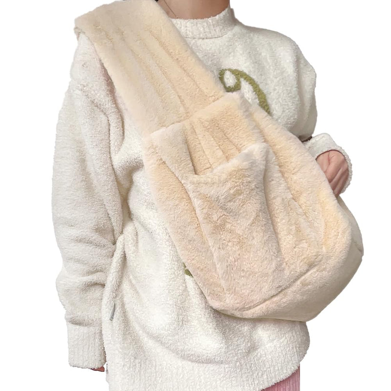 Warm Plush Small Dog Sling Cat Carrier Hand-Free Pet Sling Pet Puppy Travel Bag Cat Carrier Shoulder Bag Outdoor Travel Puppy Bags for Daily Walk Travel Outdoor Beige